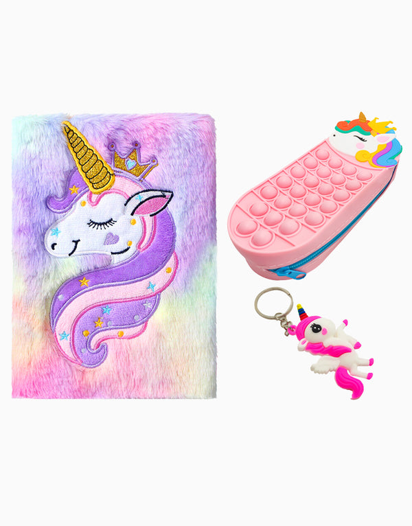 Unicorn Plush Notebook, Pencil Case and Keychain Set